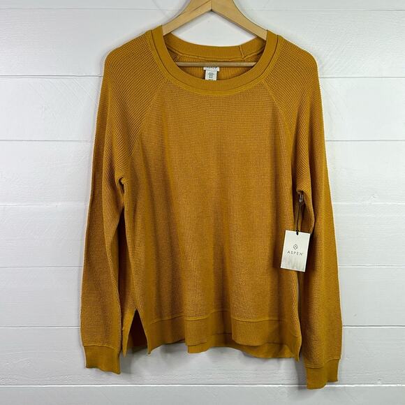ASPEN Mustard Yellow Crew Neck Waffle Long Sleeve‎ Sweater Sweatshirt Size XL - Picture 1 of 13